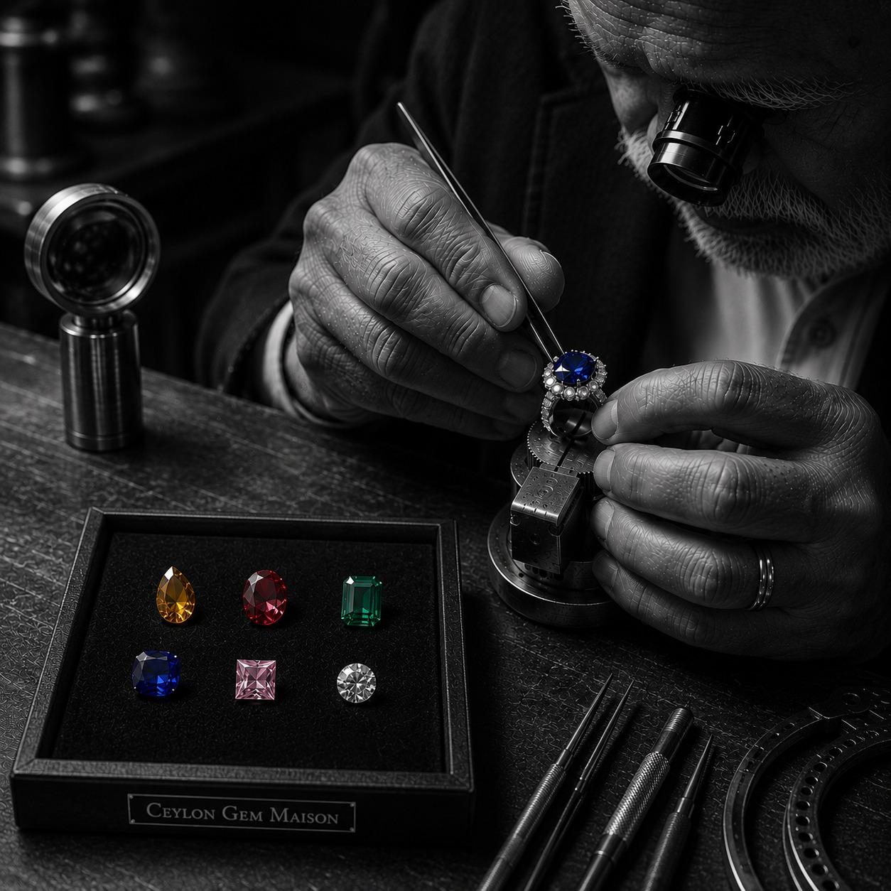A Ceylon Gem Maison gemmologist wearing a loupe, setting a blue sapphire halo ring with tweezers, beside a maison tray of loose yellow, red, green, blue, pink and white gemstones