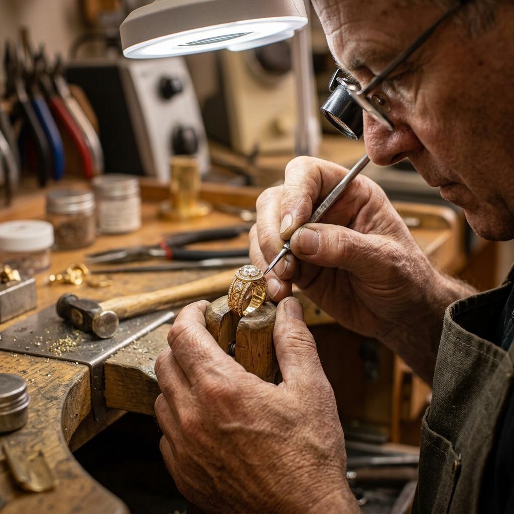 Master jeweller handcrafting a bespoke sapphire engagement ring at the Ceylon Gem Maison atelier