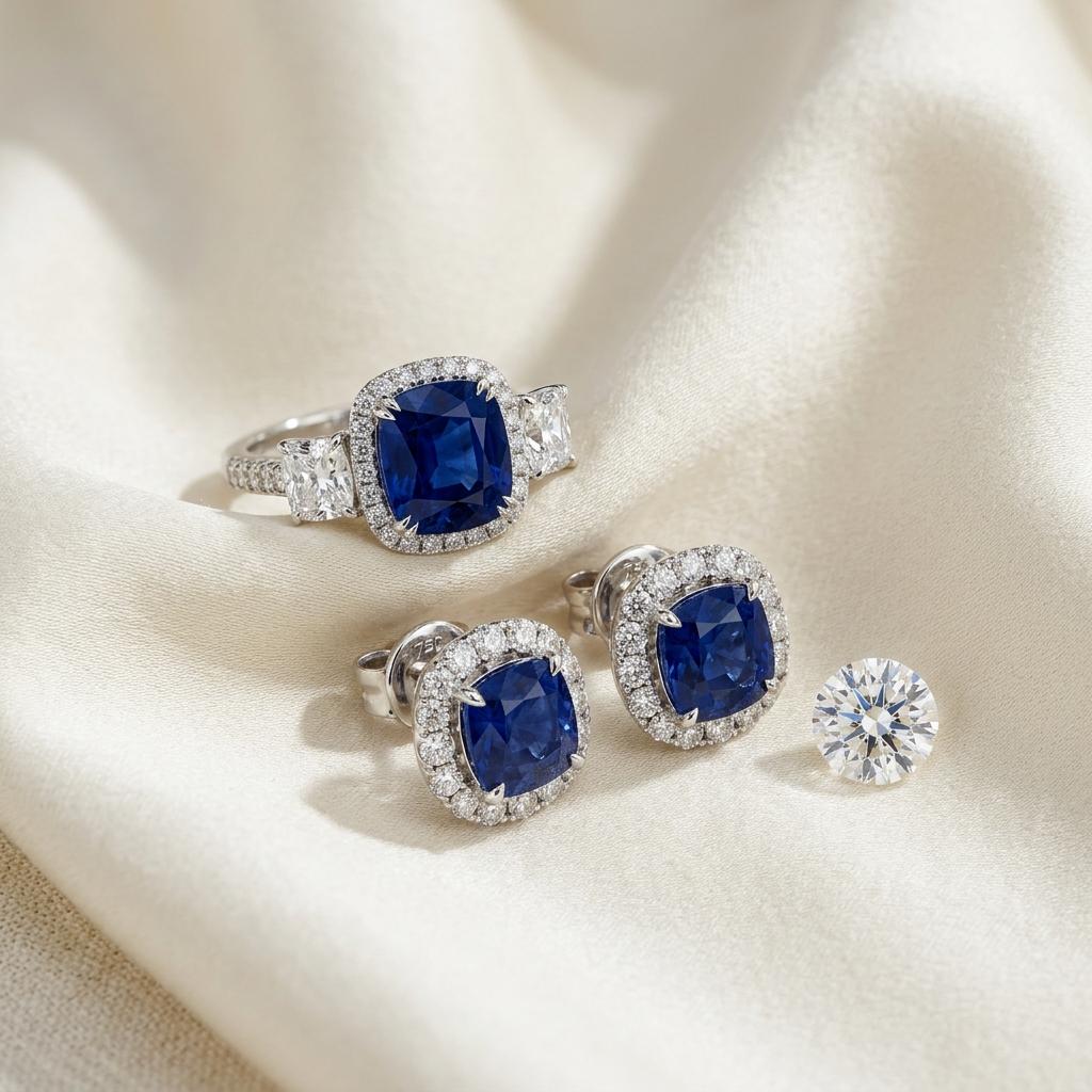 Certified natural blue sapphire ring beside its gemmological report in Singapore