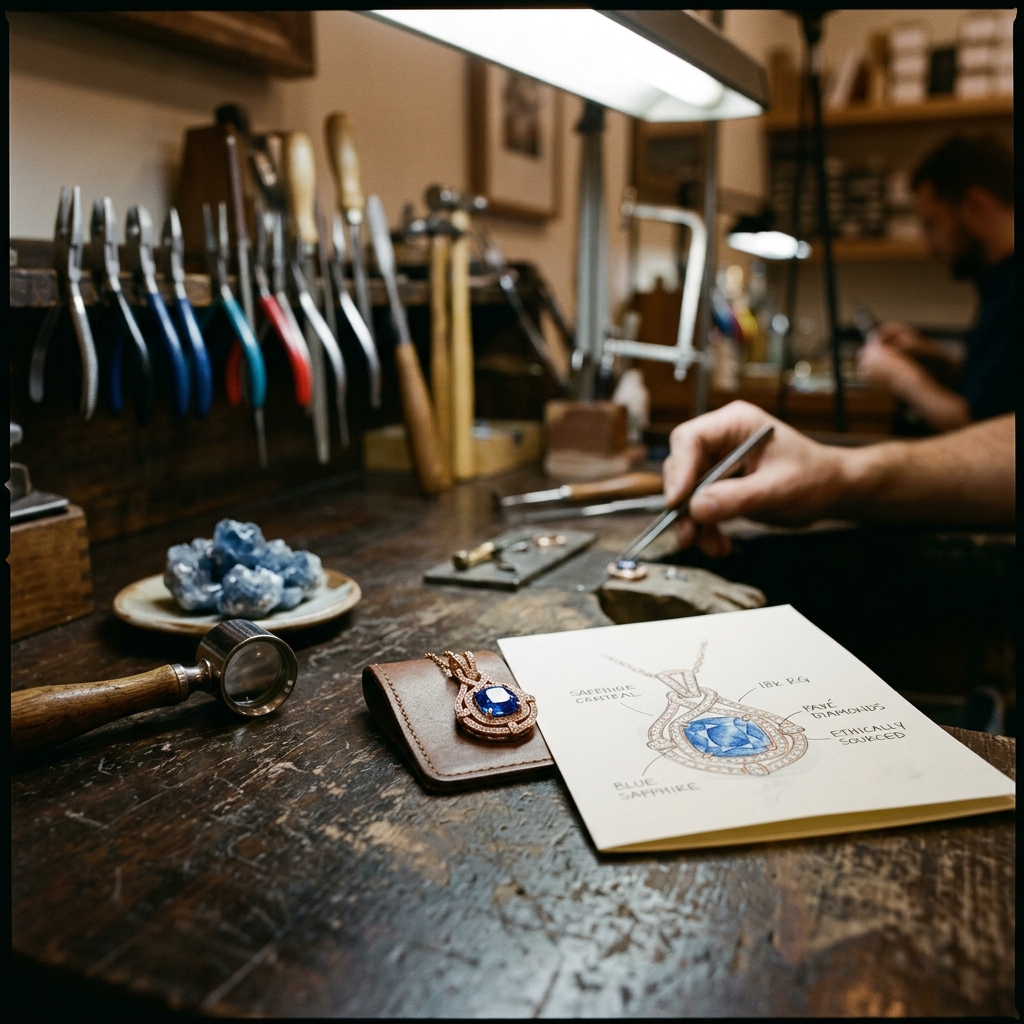 Handcrafted rose gold pendant set with pavé diamonds, photographed in the atelier