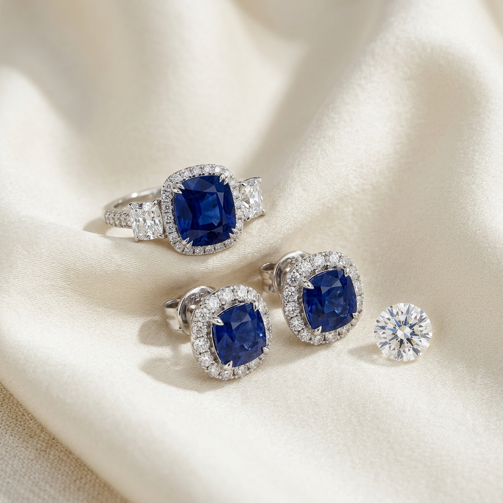 A matched suite of blue sapphire and diamond cluster earrings and ring in white gold